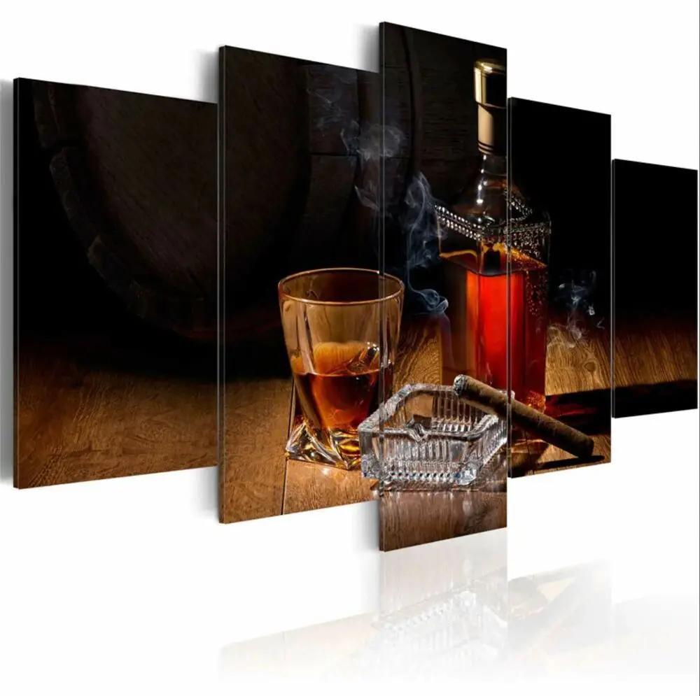 5 Piece Cigar Wine Whisky and Cigarette Posters Canvas Picture Print Wall Art Paintings Wall Decor for Living Room Framed