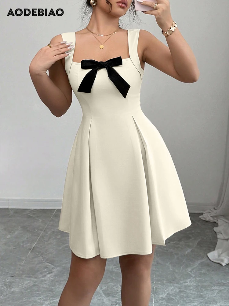 

AODEBIAO Women's A-LINE Dress Elegant Party Sweet Lolita Summer Sleeveless Mini Dresses Fashion Bow Solid New Sexy Strap Dress