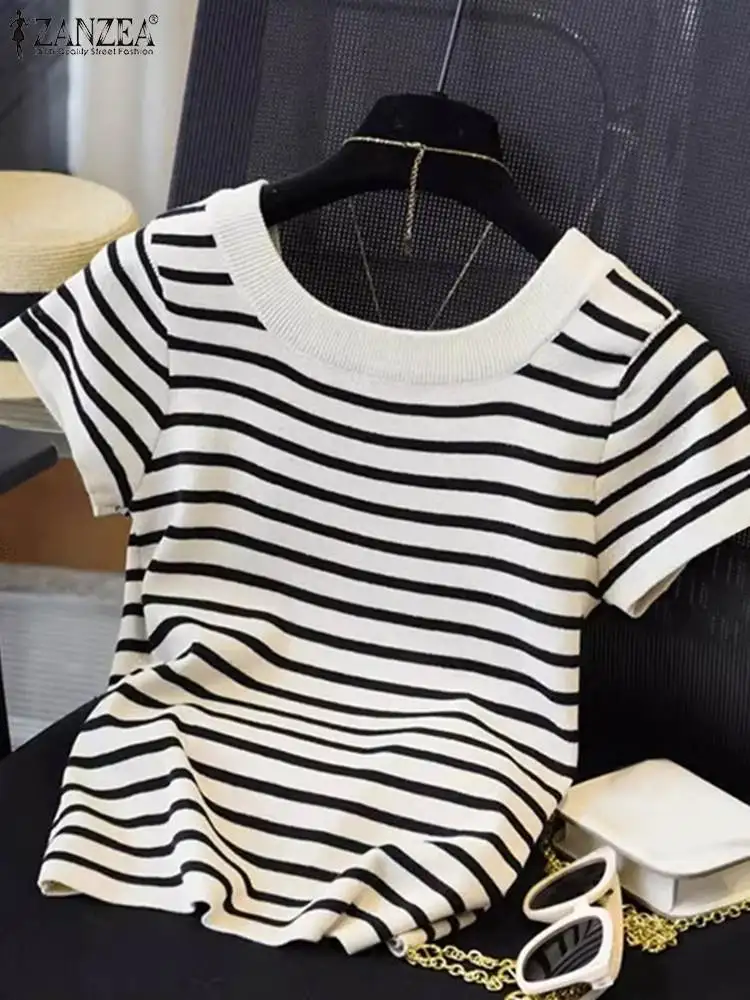 

2024 Causal Stripes Tops ZANZEA Korean Short Sleeve T-shirt Women Fashion Summer Tees Holiday Loose Round Neck Tunic Oversized