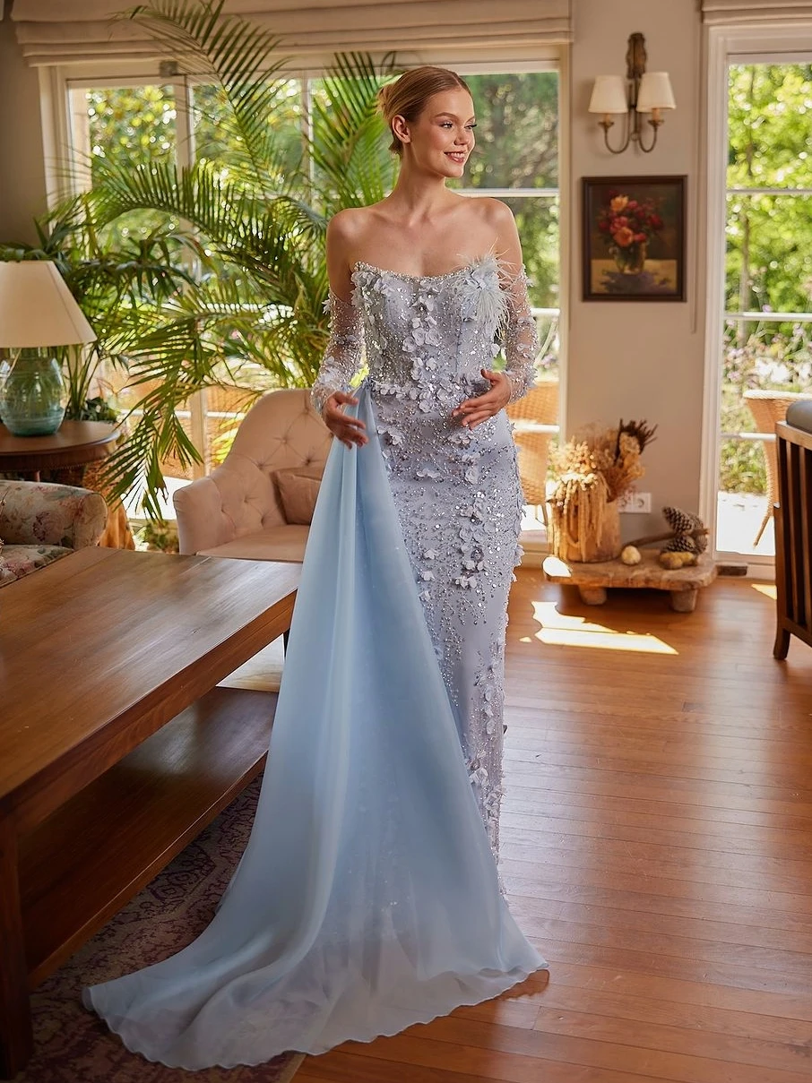 Oisslec-Robe de Rhen dentelle bleu ciel avec perles et gants brillants, robe de soirée élégante et douce, vintage, occasion formelle, quoi que ce soit