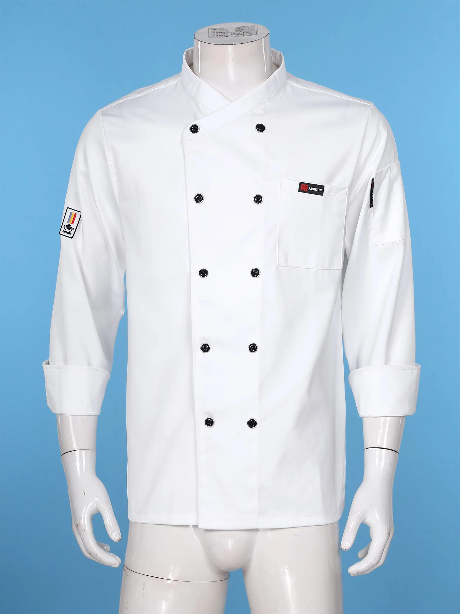 Mens Women Double-Breasted Chef Coat Cross-Over Collar Pockets Cook Uniform Top for Kitchen Restaurant Hotel Cafe Bakery Canteen