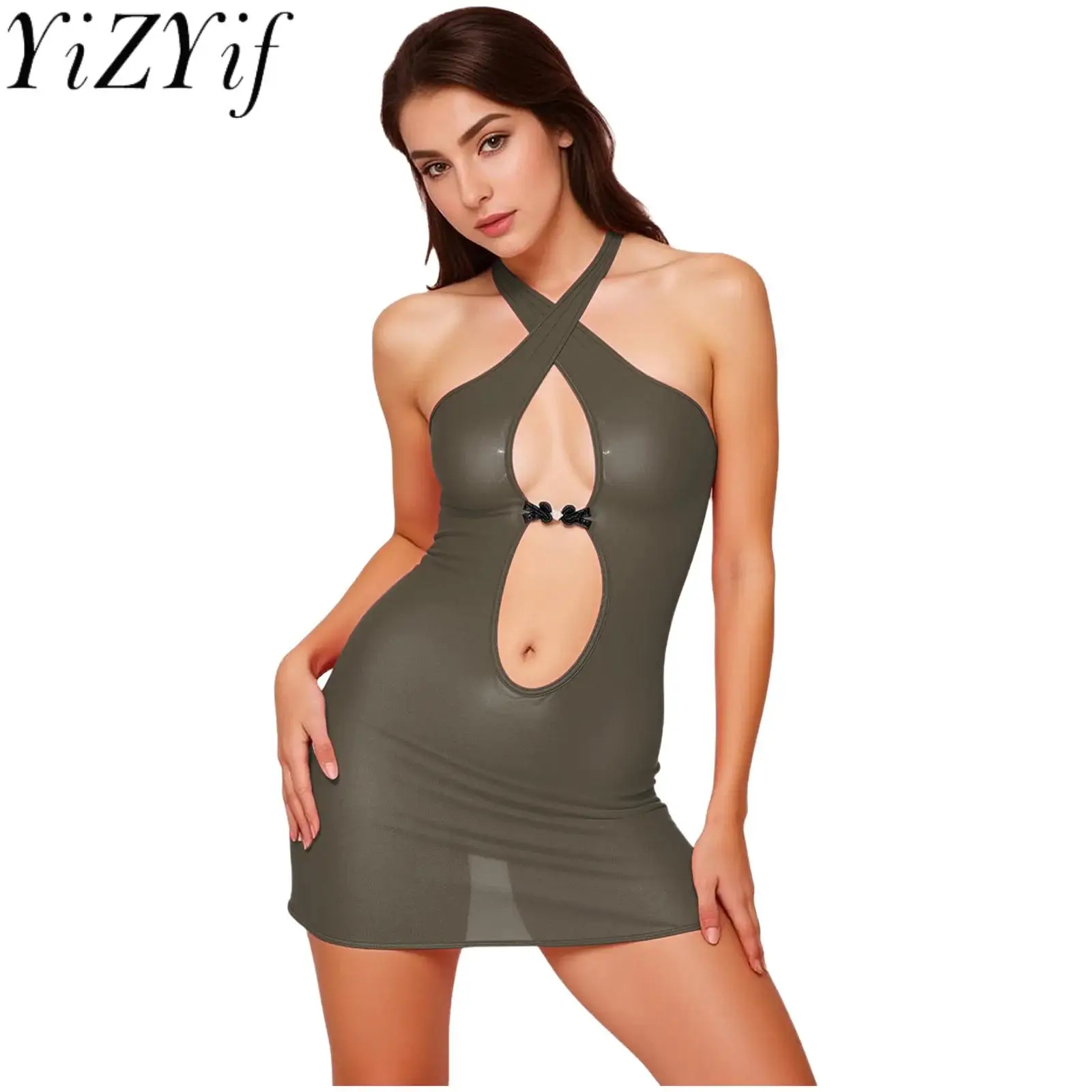 

Women Sheer Mini Dress Crossing Halter Backless Hollow Out with A Frog Button Bodycon Sleep Dress Lingerie for Dating Nightwear
