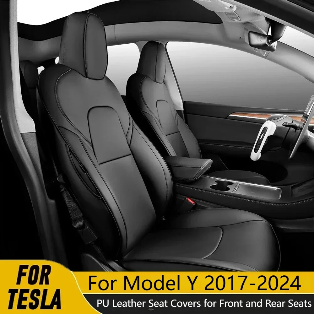 

Чехлы на сиденья из искусственной кожи для передних и задних сидений для Tesla Model Y 2017-2024, водонепроницаемые и устойчивые к царапинам чехлы на сиденья автомобиля