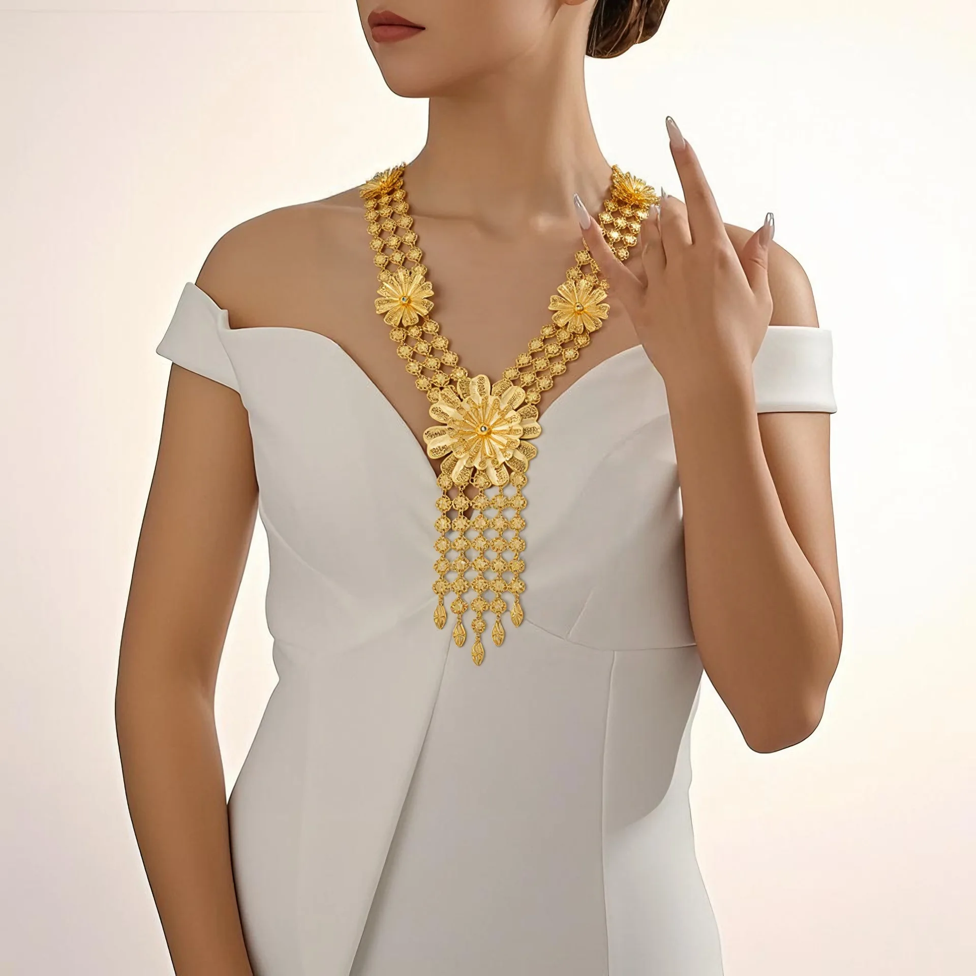 Luxury 24K 9999 Pure Gold real gold Dubai Middle East Women Hollow Flower Necklace Earrings Set