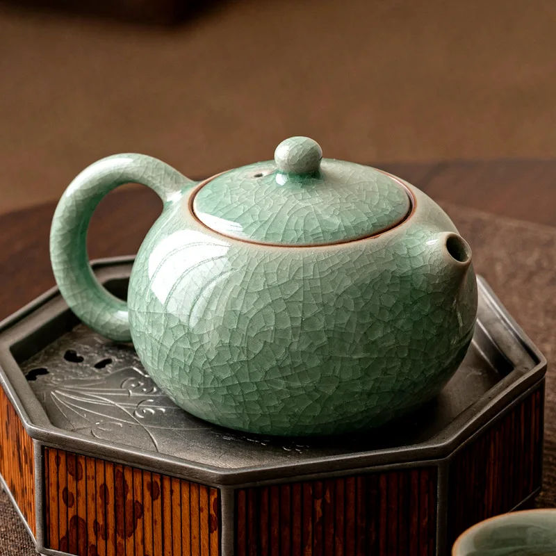 210ml Chinese Handmade Ceramic Teapot Teacup Creative Ru Ware Crackle Glaze Xishi Tea Pot Household Filter Kettle Travel Tea Set