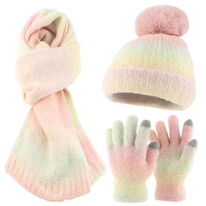 جديد الخريف الشتاء الكبار التدرج اللون محبوك بوم بوم قبعة وشاح قفازات مجموعة الصوف مبطنة الدافئة ثلاث قطع مجموعة للنساء الفتيات