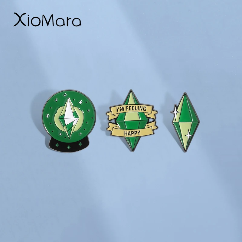 Video Games Green Stone Enamel Pins Custom I'M FEELING HAPPY Brooches Lapel Badges Clothes Funny Jewelry Gift for Friends