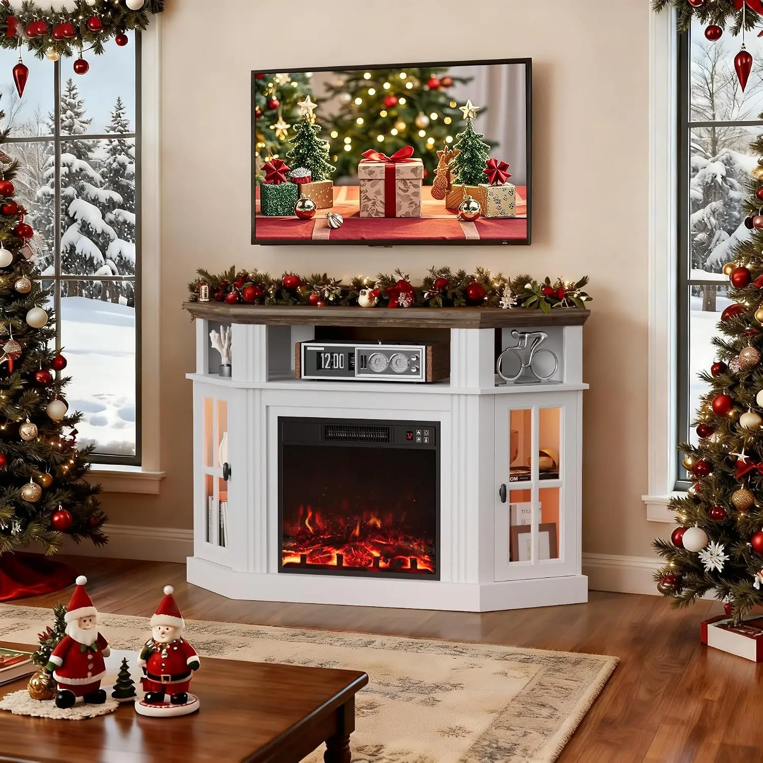 LED Fireplace Corner TV Stand for 55 Inch TVs, Antique White, Customized