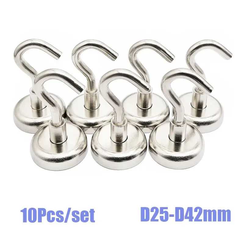 10 Pcs  D20mm D25mm D32mm D36mm D40mm D42mm Super Strong Neodymium Magnet Hooks Magnetic Hooks Heavy Duty Wall Hooks Hanger