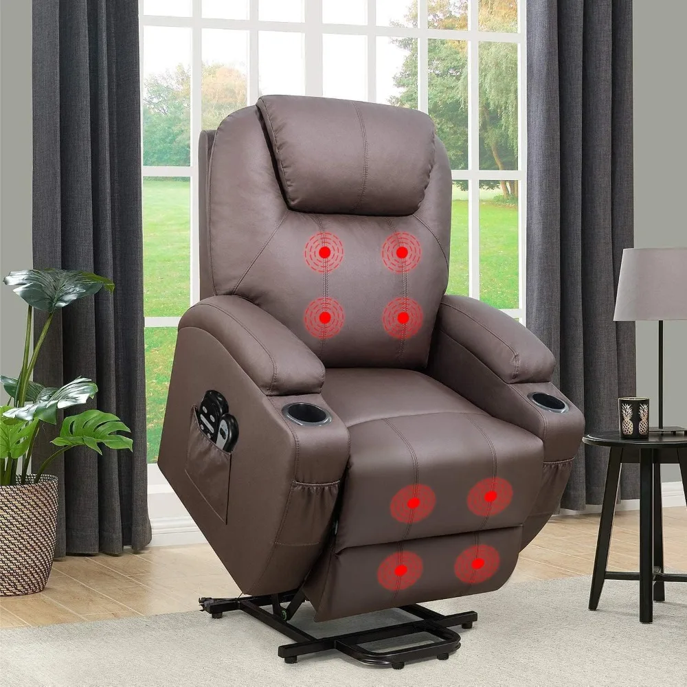 Power Lift Recliner Chair PU Leather with Massage, Ergonomic Lounge Chair Classic Single Sofa with 2 Cup Holders Side Pockets