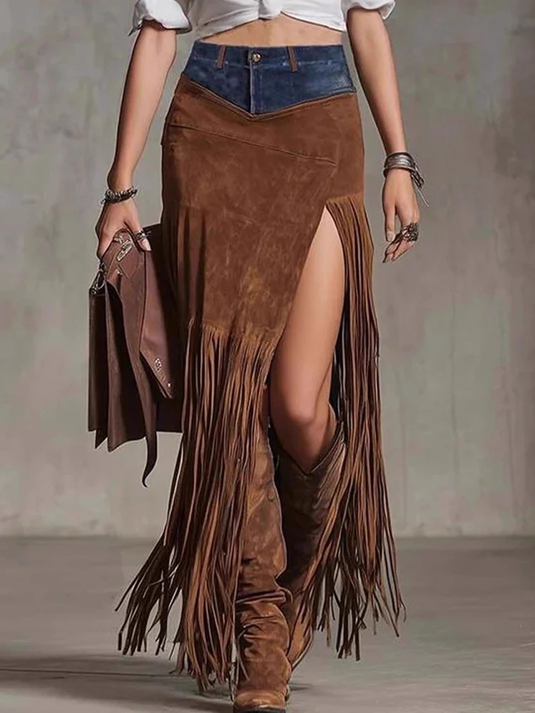 

Women Holiday Patchwork Fashion Skirts, Spring Autumn Simple Tassel Chic Maxi Skirts, High Waist Casual Ladies Skirts Streetwear