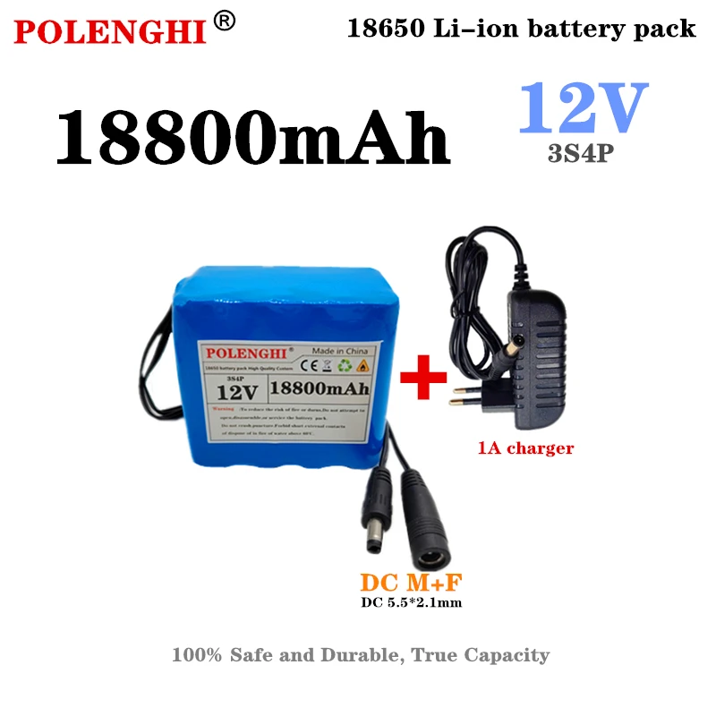 

POLENGHI 3S4P 12V 18.8Ah 18650 lithium-ion battery pack 12.6V 18800mAh Met-Bms Bescherming circuit board Dc 5.5*2.1mm+1A charger