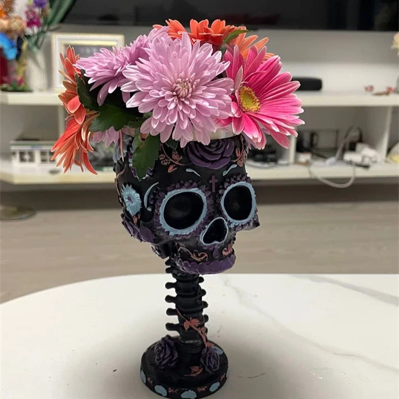 

Готический череп, бокал для вина, резной бокал из нержавеющей стали, высокий стебель, красочный винтажный бар, Хэллоуин, декор стола, подарок для пары