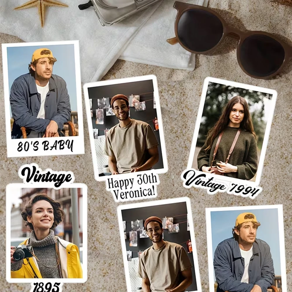 20 Stück individuelle Vintage Geburtstagsparty Foto Namensaufkleber personalisierte 80er 90er Geburtstagsdekorationen mit Gesichtstasse Aufkleber Dekor