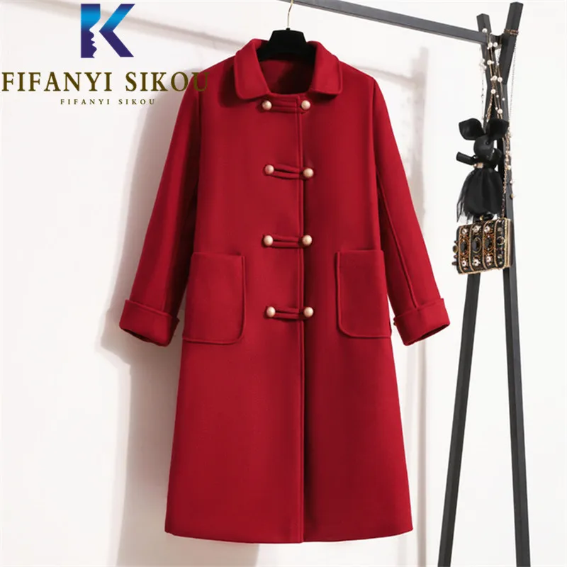 

Red Woolen Coat Women 2022 Winter Thick Warm Overcoat Double Breasted Pocket Fashion Oversize Loose Wool Blend Long Coat Female