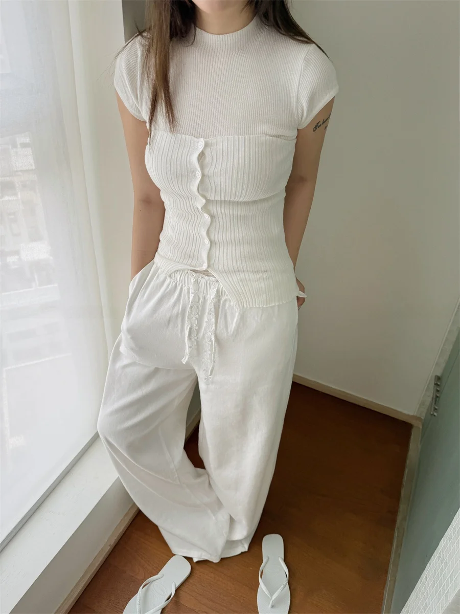 MOEROP DIY Mehrfarbig Gestrickte ort Sve Brautjungfer Top Und Bot Set Frühling Sommer Neue Sle Stand Fit Damen T-shirt