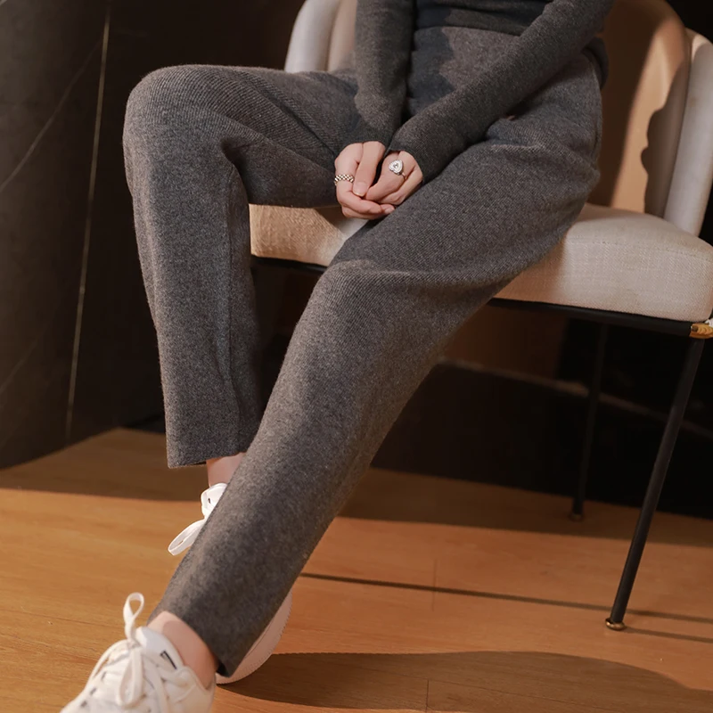 

Autumn Winter 100% Merino Wool New Women's Wool Pencil Pants Knitted Trousers Thick Soft Office Lady Pocket Casual Style Pants