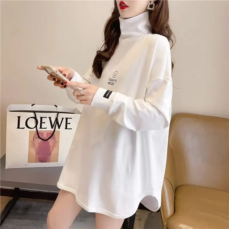 Women's Autumn Winter New Fashion Elegant Half High Neck Letter Casual Versatile Long Sleeved Loose Mid Length T-shirt Tops