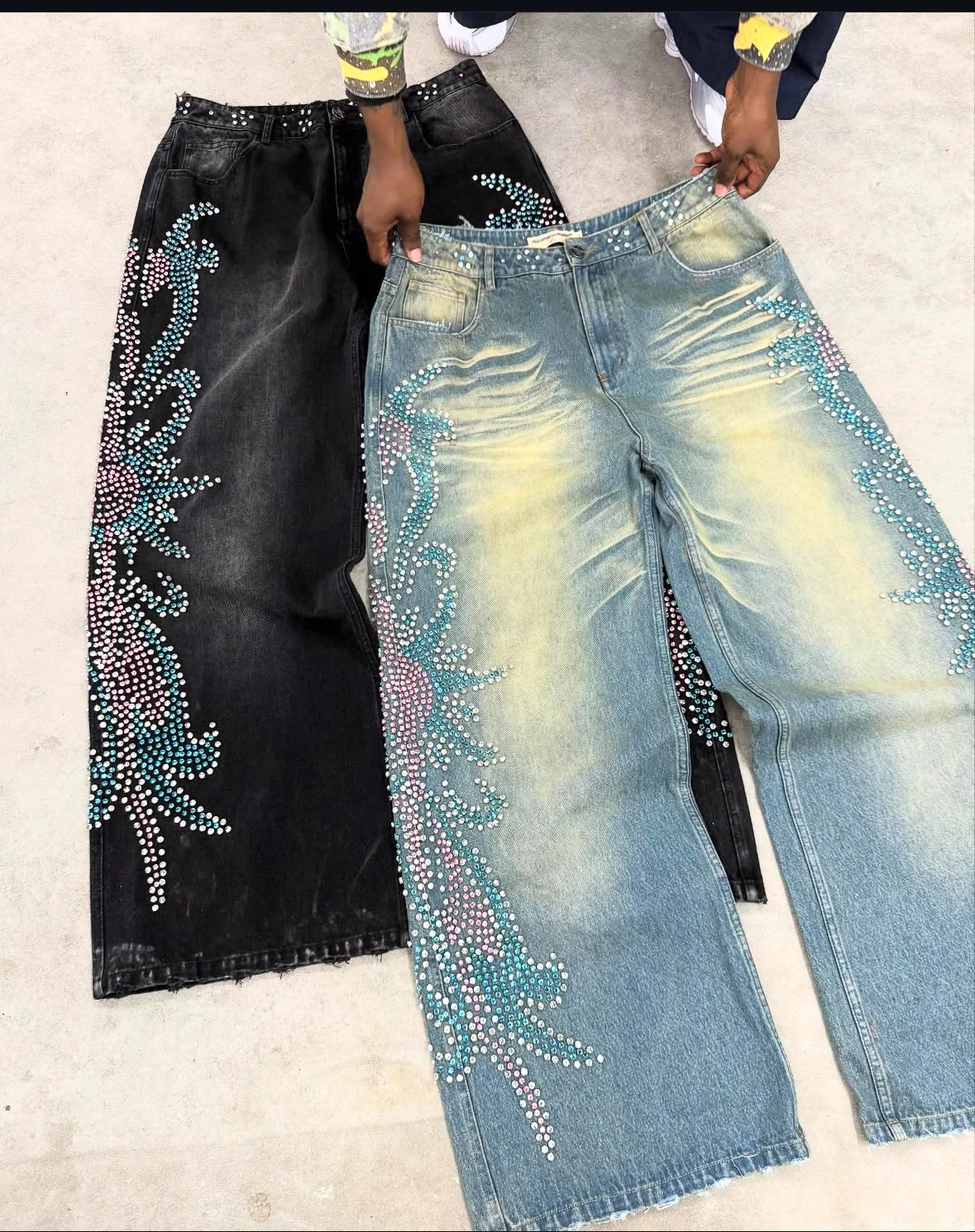 

Faionable Loose Straight Leg Denim Jeans Long Pants with Rhinestones High Street Sle mid Waist Zipper Fly Casual Summer J...