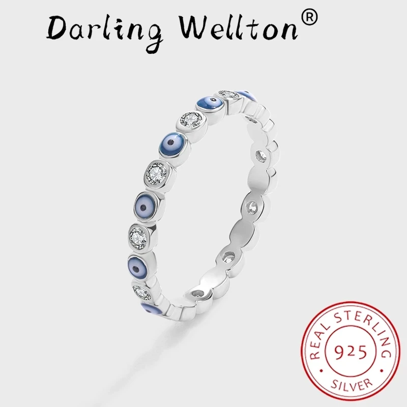 Creative Sapphire Eye Round Full Diamond Crystal Couple Ring For Women Enamel Blue Original Sterling Silver Wedding Gift Jewelry