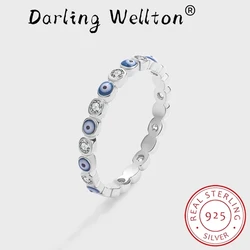 Creative Sapphire Eye Round Full Diamond Crystal Couple Ring For Women Enamel Blue Original Sterling Silver Wedding Gift Jewelry