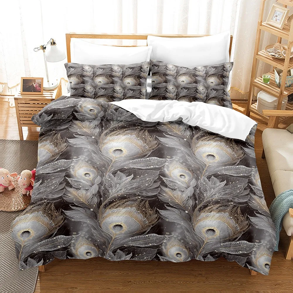 3PCS Grey Duvet Cover Set White Golden Peacock Feather Printed Duvet Cover With Pillowcases Single Twin Queen Size Bedding Set