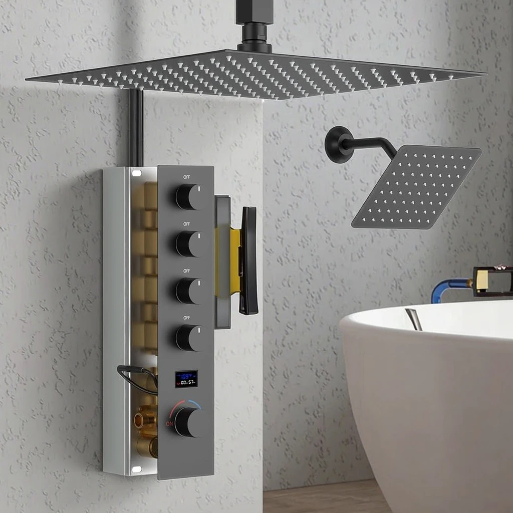

Matte Black Thermostatic Single-Handle Brass Faucet Digital Temp Display Shower System 6 Body Jets Massage Handheld Ceiling/Wall