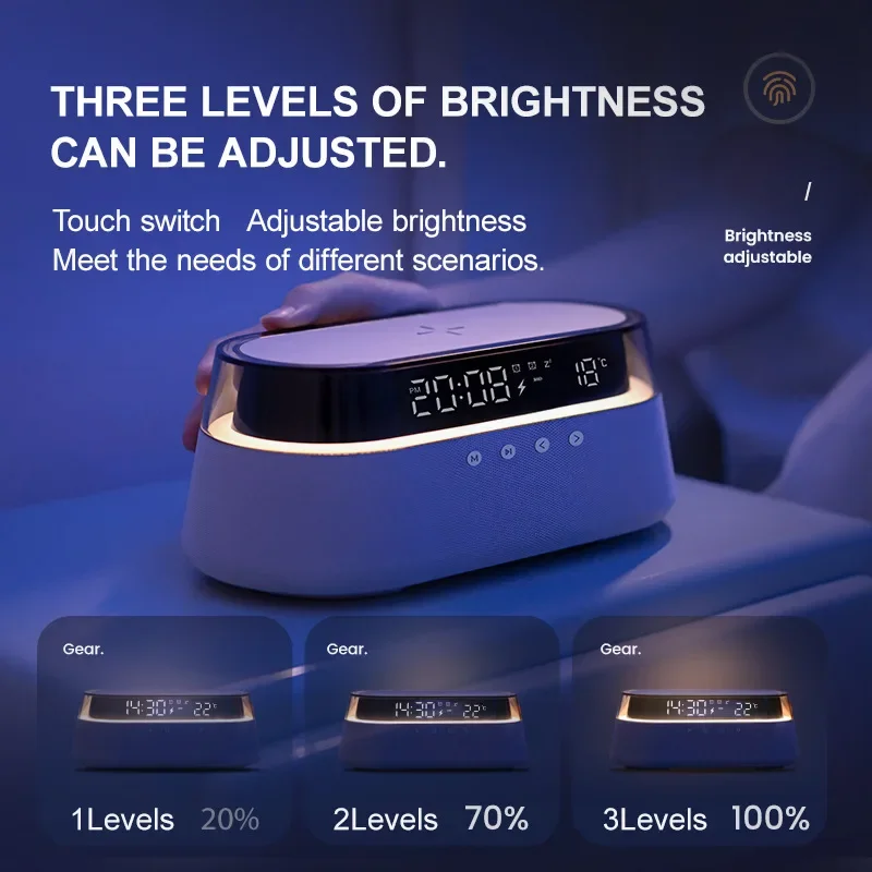 QI Wireless Charger BT Speaker FM Radio Portable LED Nightlight Temperature Digital Display Dual Alarm Clock AUX Music Speakers