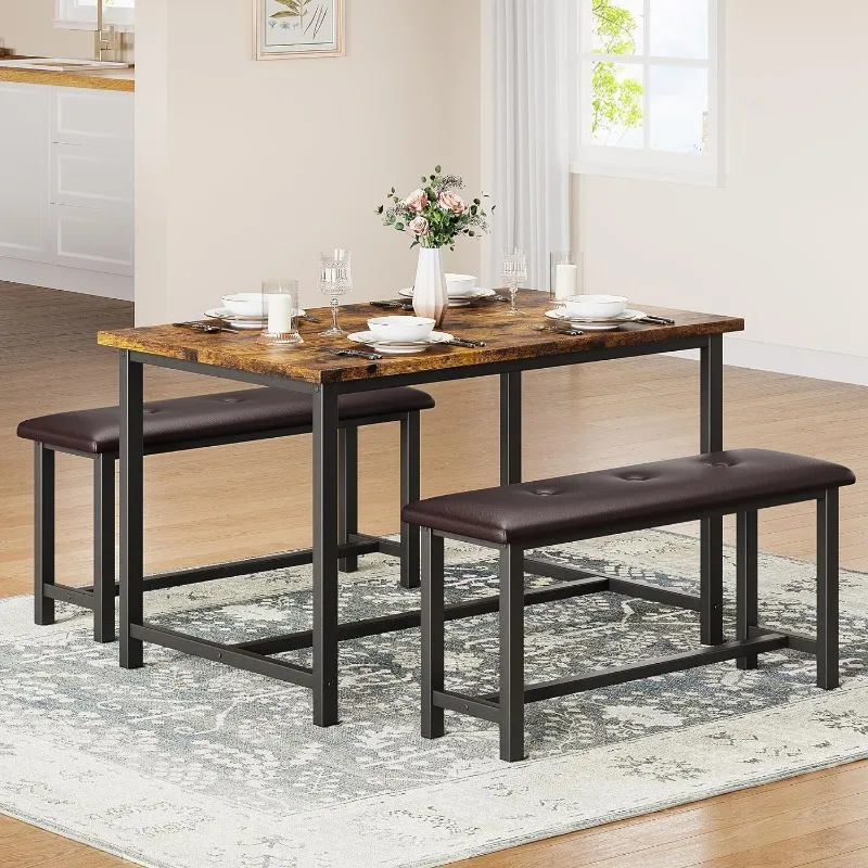 Dining Table Set for 4, Kitchen Desk with Upholstered Bench, Rectangular Dining Room Table Set with 2 Benches