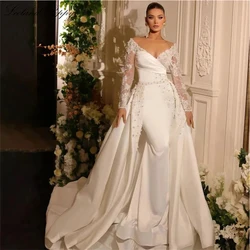 Lceland Poppy Customized V Neck Mermaid Satin Wedding Dresses Full Sleeves 3D Flowers Bridal Gowns with Detachable Train