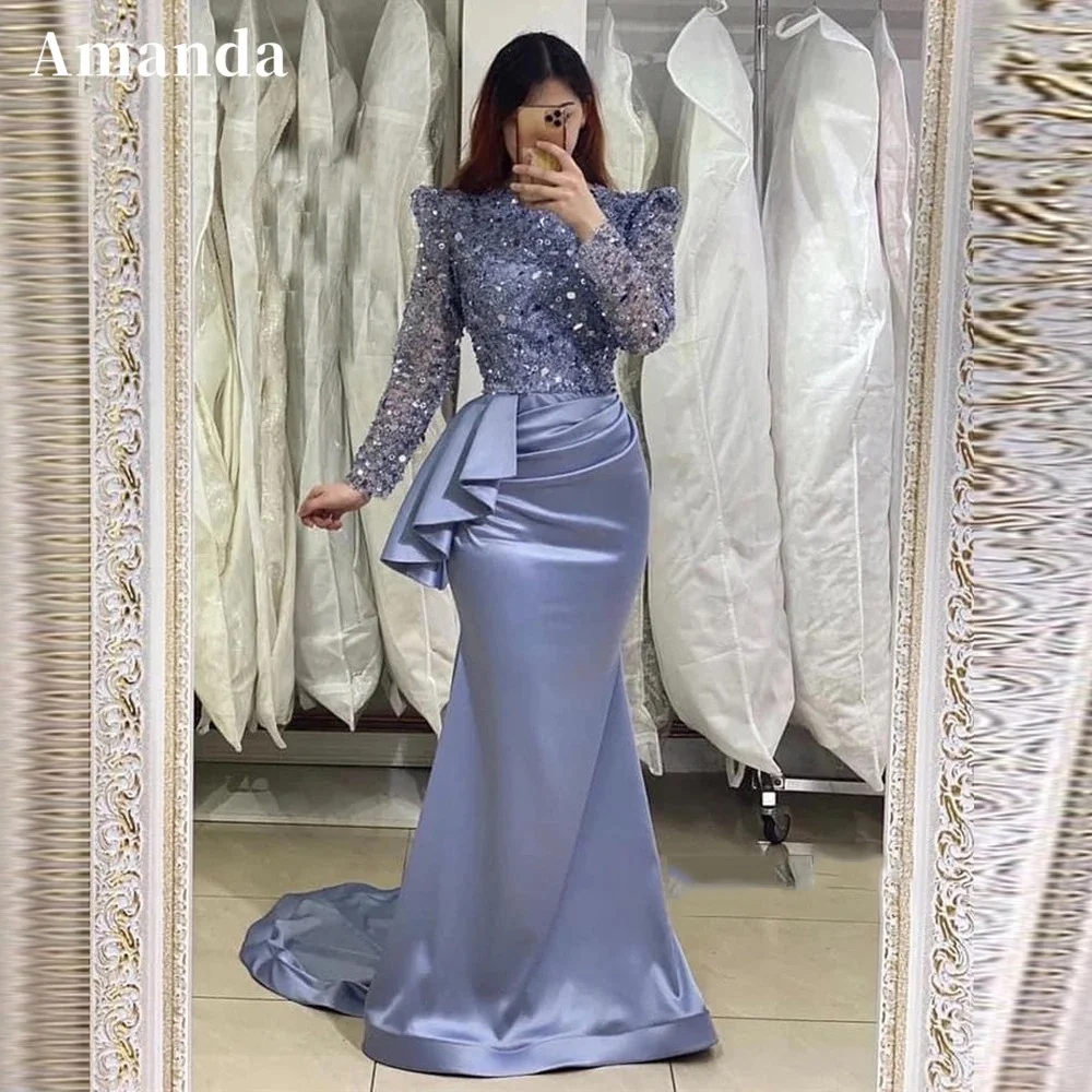 

Amanda Elegant Mermaid فساتين سهره فاخره 2023 Long Sleeve High Collar Fishtail Prom Dresses Grey Blue Sequin Vestidos De Noche