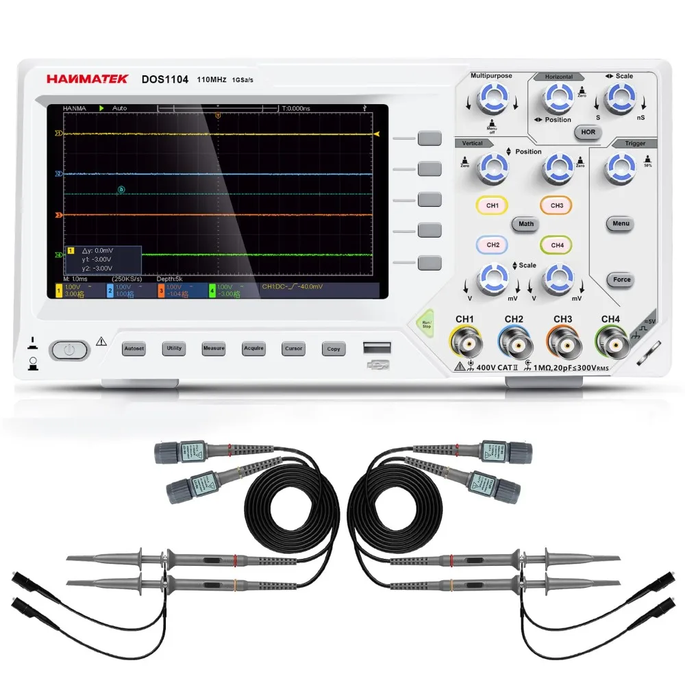 Digital Oscilloscope with 4 Channels and Screen 7 inch / 18 cm,  Portable Professional Oscilloscope Kit with 1GS/s Sampling Rate