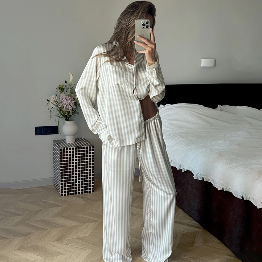 

HiLoc Home Loose Stripe Trousers Sets Pajamas For Woman 2025 Button Up Blouse And Drawstring Pants 2-Piece Autumn Casual Outfits