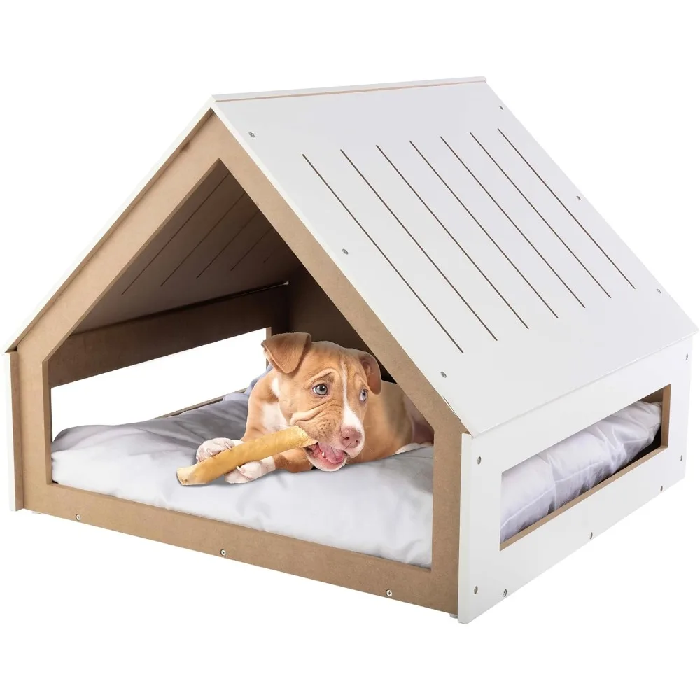 

Dog House Bed - Wood Doghouse with Soft Cushion and Air Vents - 29.5x28x24in Dog Furniture for Small to Medium Pets up to