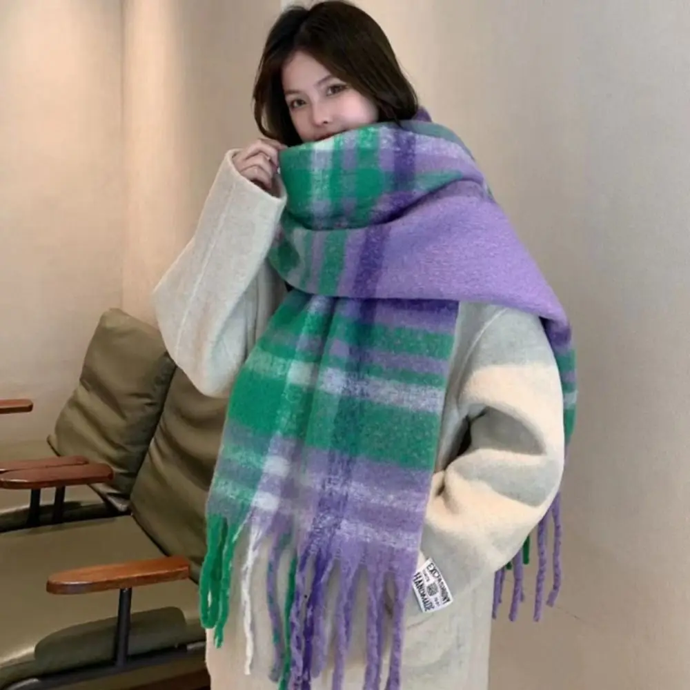 

Windproof Tassel Plaid Wool Scarf Plush Colour Matching Long Shawl Cashmere Shawl Solid Color Cape Wraps Student