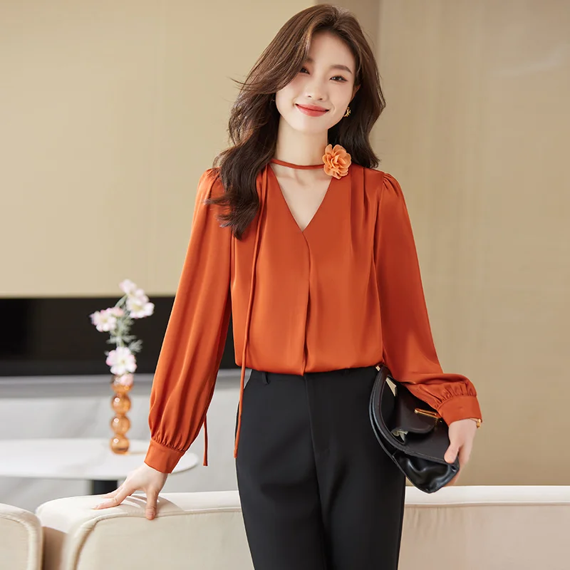 NAVIU Orange Shirt Women New Autumn Fashion Temperament V Neck Chiffon Blouses Office Lady Work Tops White