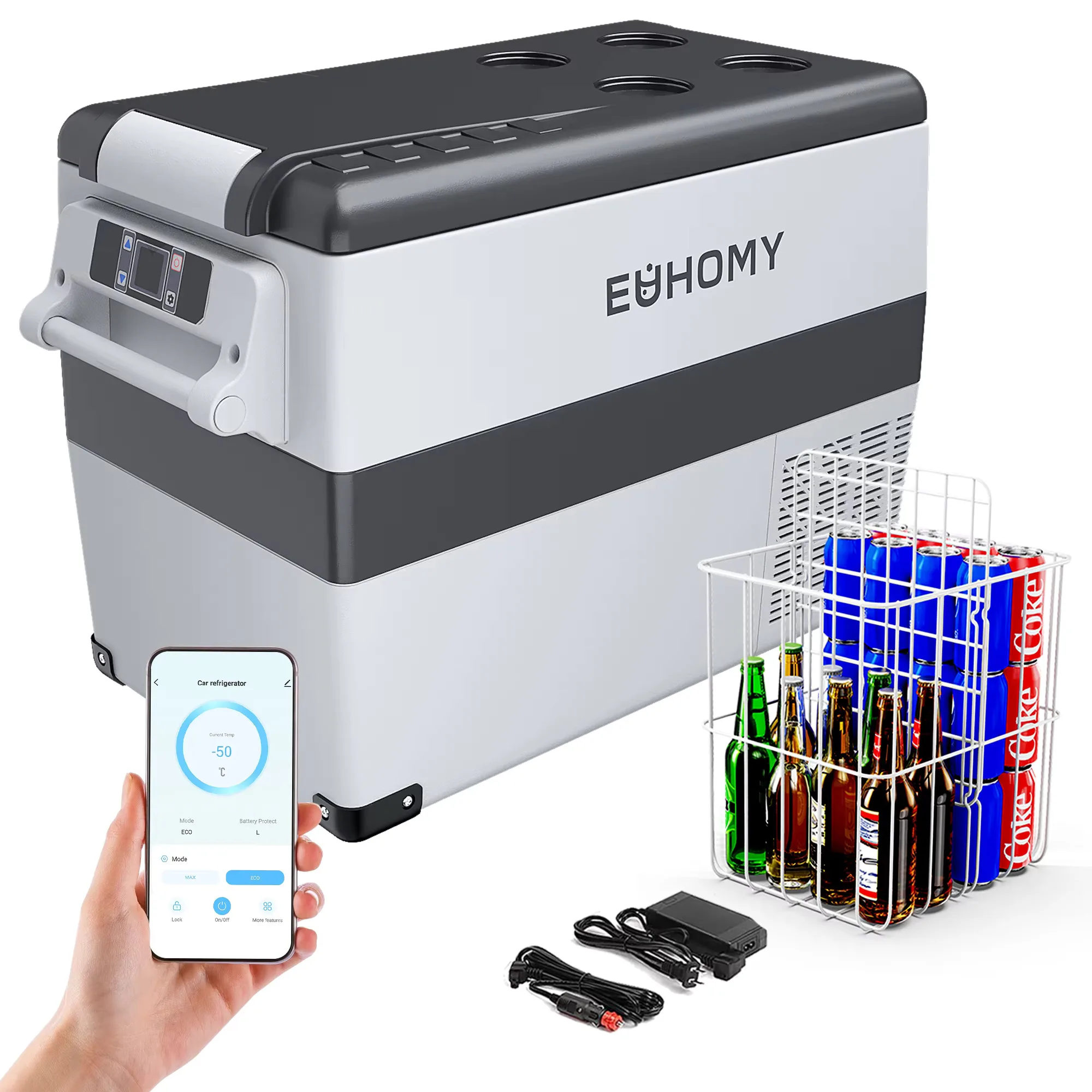 EUHOMY 40L Car Refrigerator Portable Compressor Freezer APP Control DC12V/24V & AC220-240V, -20°C to 20°C Large Capacity Car Fridge For BBQ Camping Truck Travel Party Campervan