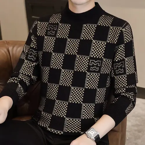 Imagen 2 del producto Suéter a cuadros para hombre, otoño e invierno, nueva marca de moda, suéter de punto jacquard con cuello medio alto y capa inferior