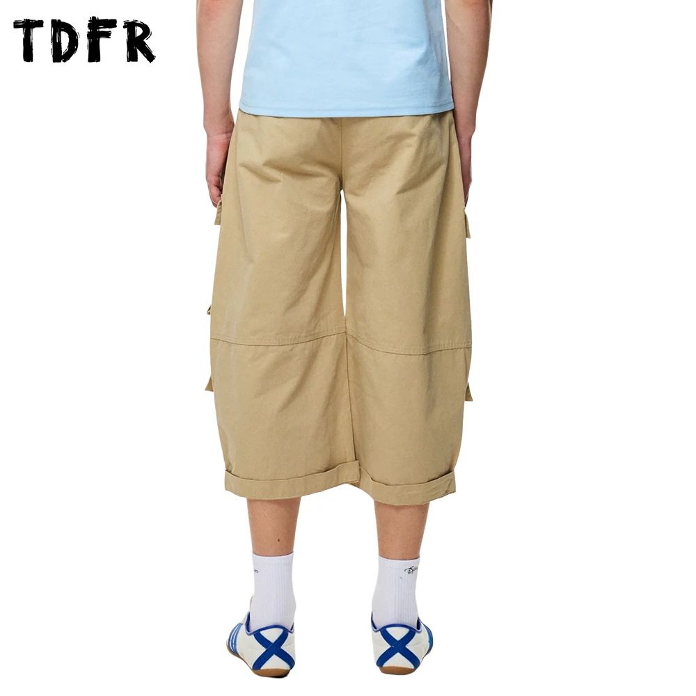 Multi-Pocket Cargo Shorts Mens Summer with Belt Solid Color Retro Safari Style Baggy Wide Leg Capri Pants Man
