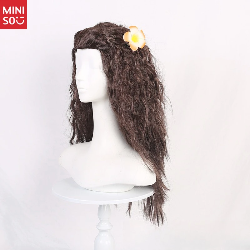 Perruque de Cosplay Miniso Moana avec fleur, cheveux longs bouclés brun foncé pour princesse Disney Wayfinding