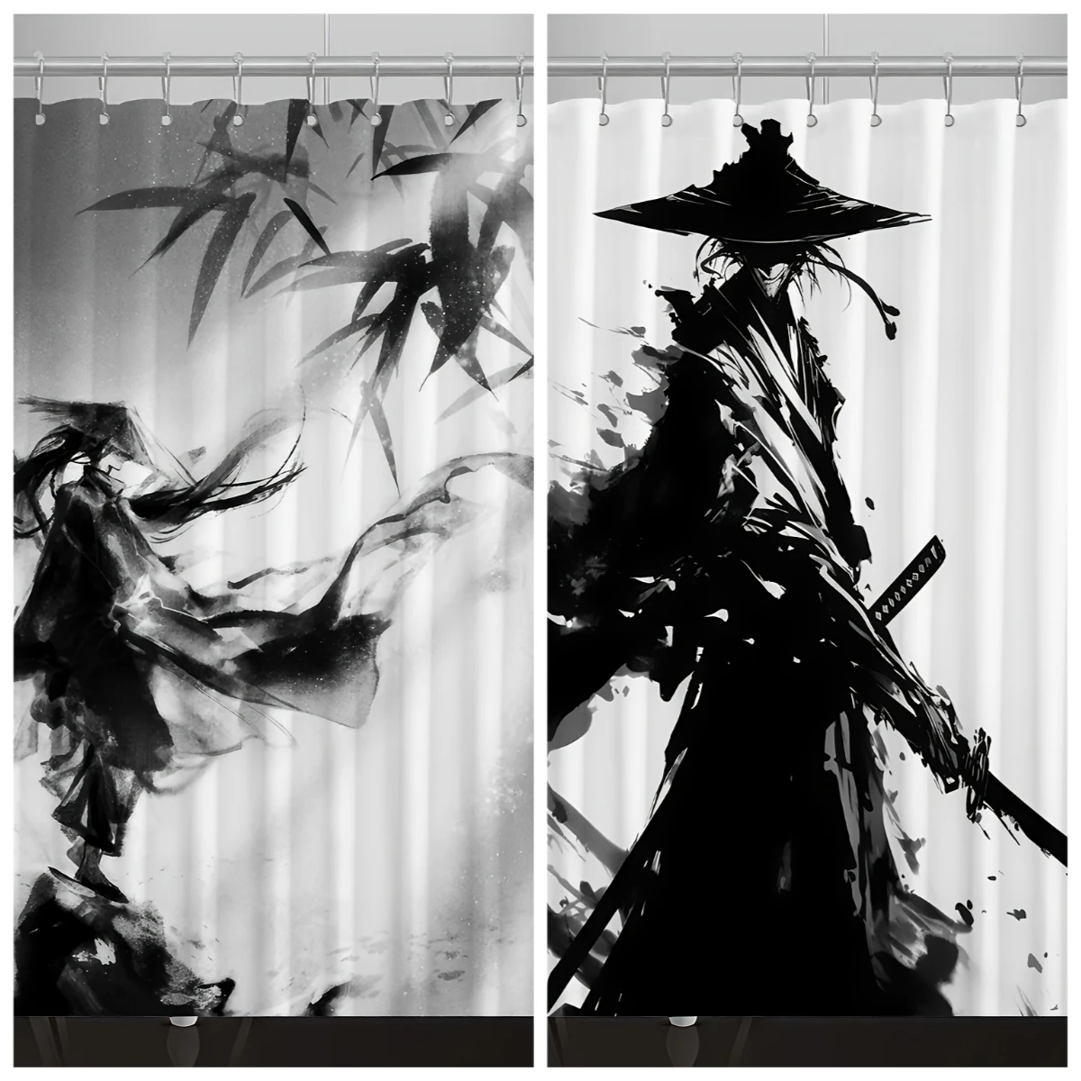 

Бамбуковый рыцарь, тушь, узор, занавеска для душа, украшение для ванной комнаты, бесплатный крючок, полиэфирный материал, односторонняя печать