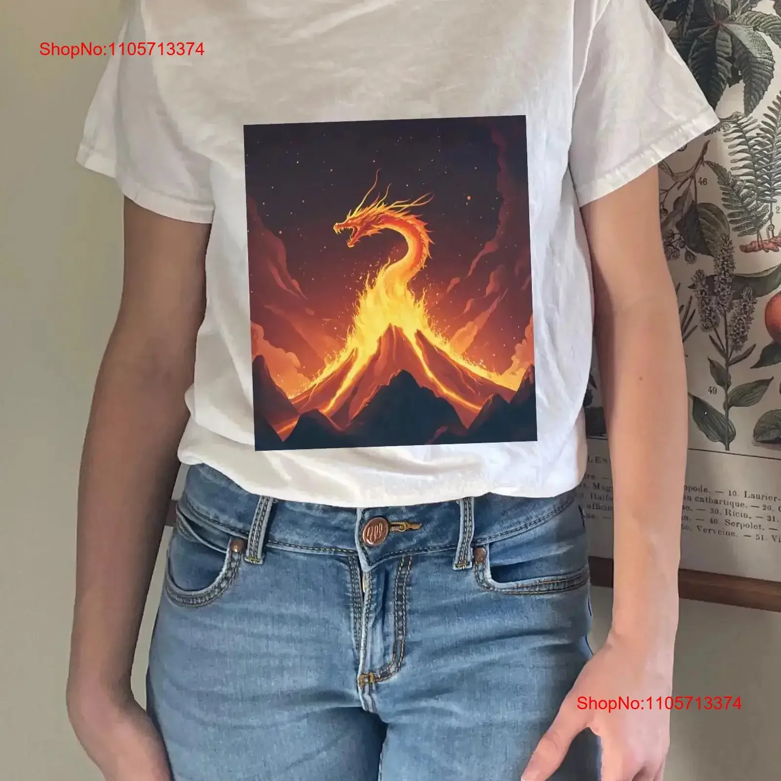 Majestic Dragon T Shirt Vector Cartoon Over Lava Mountain Fiery Orange and Red Scales Dark Sky Background Mystical Fantasy