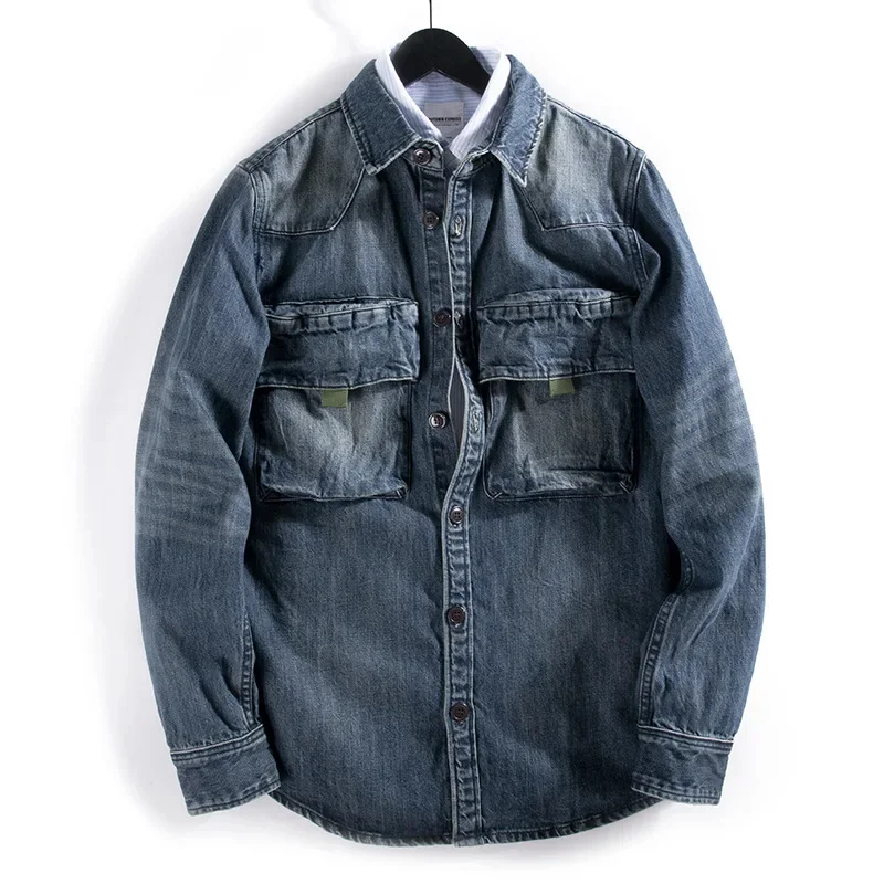 

Men's Workwear Denim Jacket Large Pocket Shirt Heavy Weight Pure Cotton Casual Top Outdoor Trekking Hiking Camping Clothe Blouse