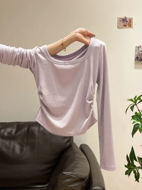 

Purple Gentle Style Knitted Long Sleeve U-Neck Short T-Shirt Women's Early Autumn Crease Design Slim Fit Top Commute Wear