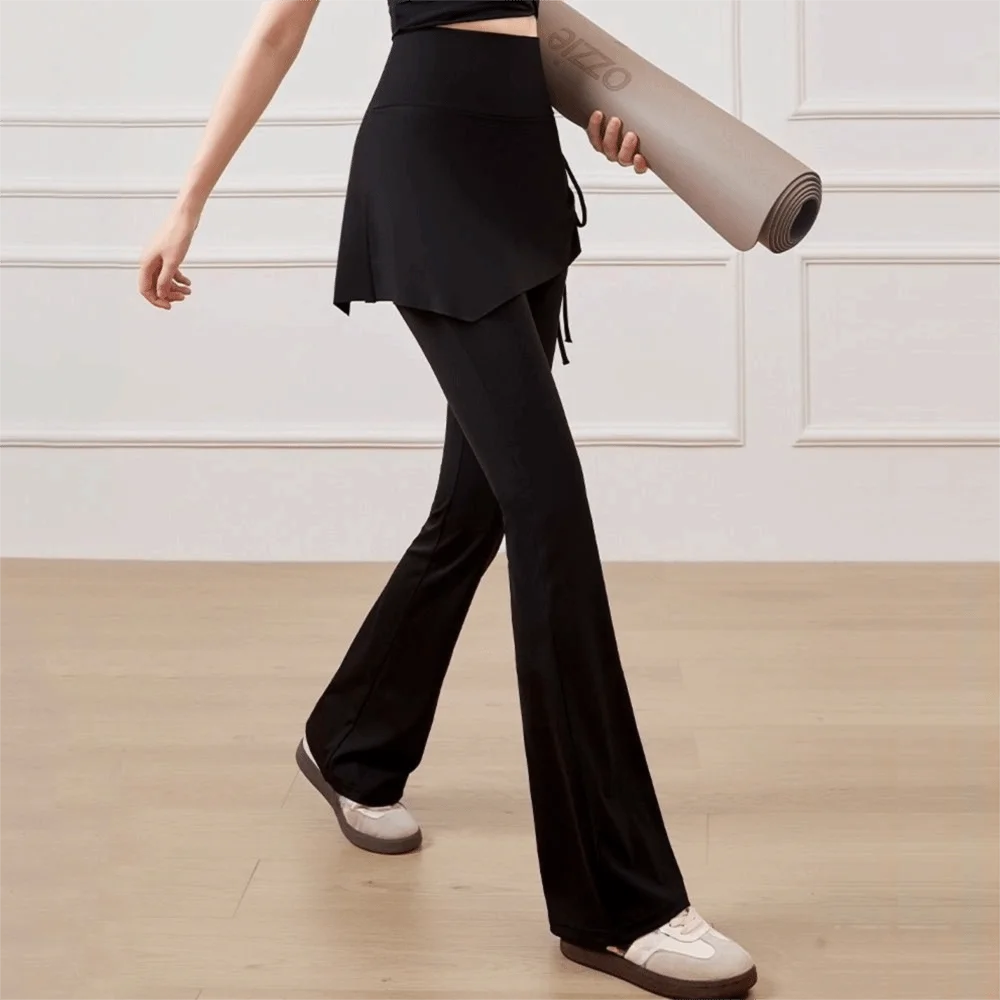 Fashion High Waist Yoga Pants Fitness Fake Two Piece Workout Pants Casual Bell-bottom Dance Pants Women