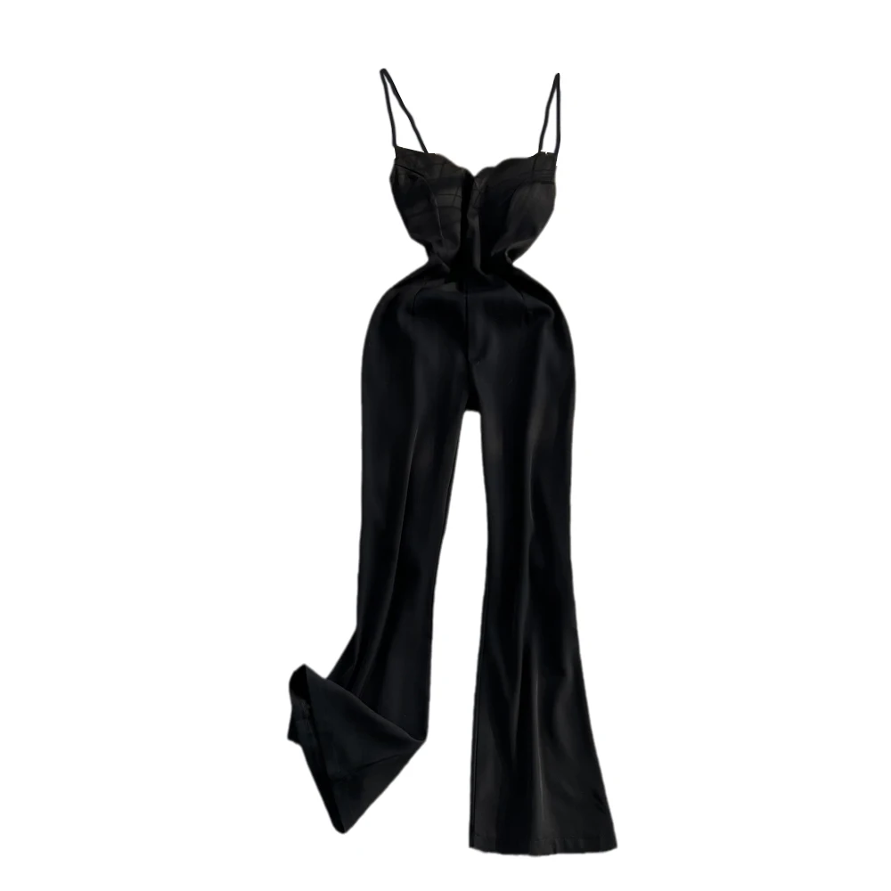 Women\'s Black Spaghetti Strap Jumpsuits V Neck Sleeveless Casual High Waist Wide leg Flare Pant Solid Sexy Jumpsiut Female