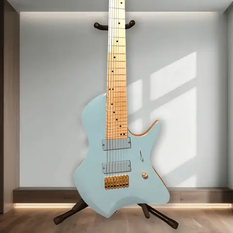 Hot Sales 8 String Headless Style Electric Guitar Light Ice Blue Gloss Finish Gold Fixed Bridge HH Pickups Maple Fretboard