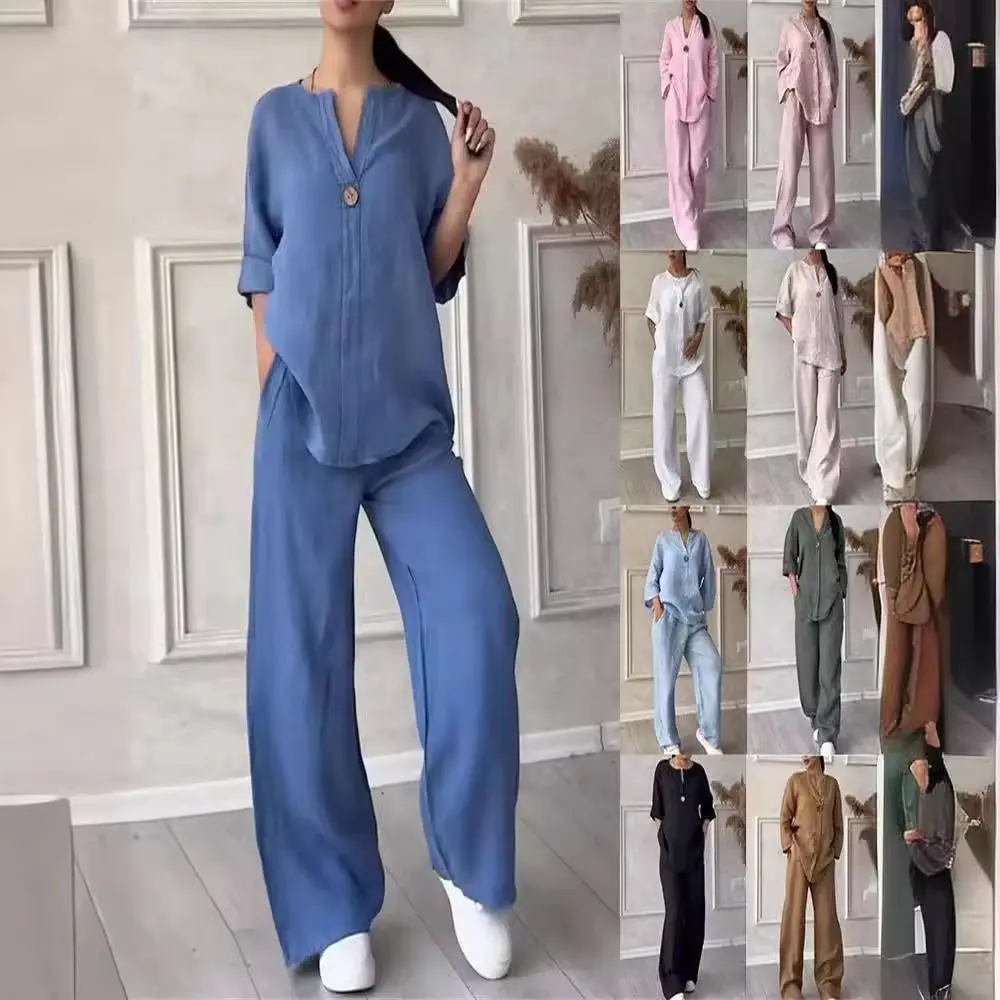 Fashion V Neck Women Two Piece Set Button Front Short Sleeve Pants Set Pocket Design Loose Fit Wide Leg Pants Set Home Lounge