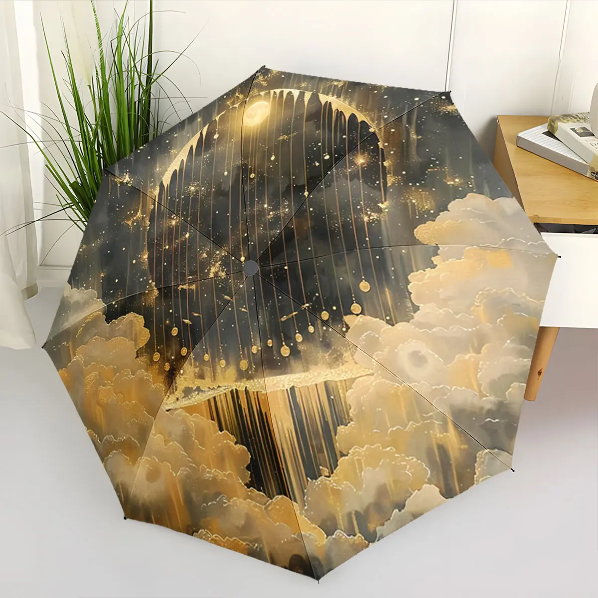 Golden Night Sky with Clouds and Falling Stars Pattern portable waterproof sun rain umbrella for outdoor travel beach