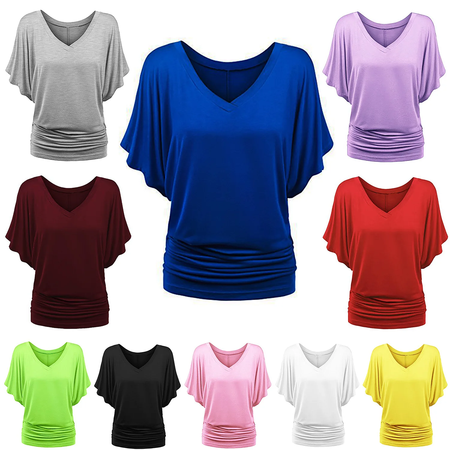 

Oversized Women V Neck Short Sleev Pleated Loose T-shirts Summer Lady Batwing Sleeve Oversized S-5XL Tee Shirt Tops OUYMFZ-A1375